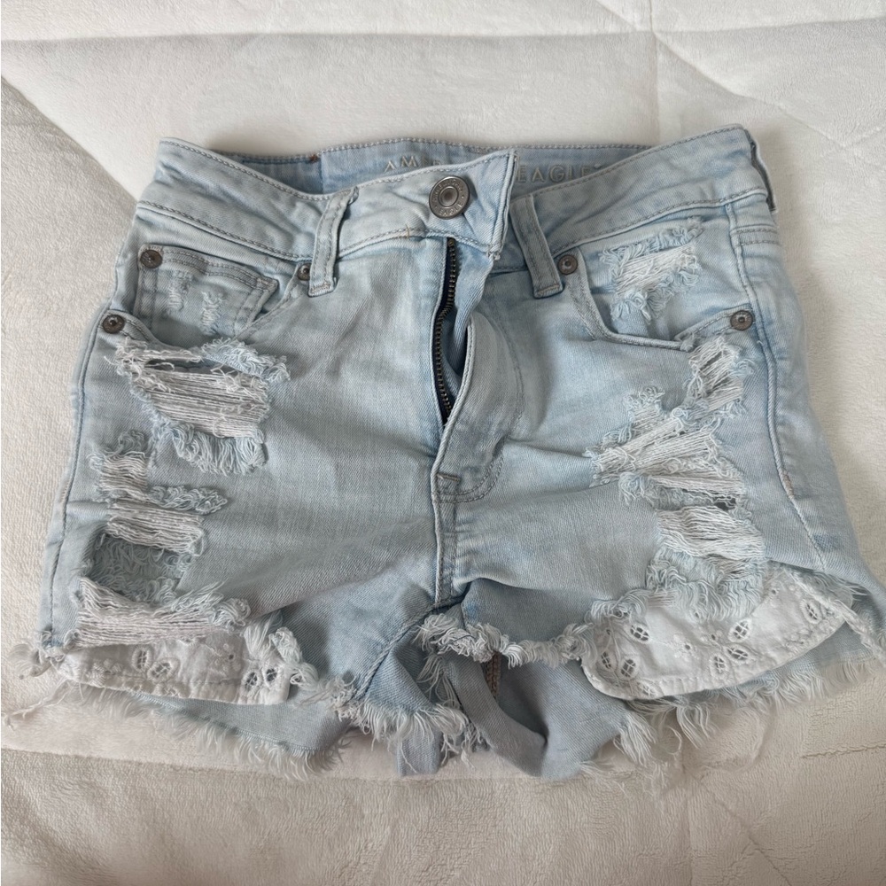 American Eagle Blue Jean Shorts with Distressed Raw Hem